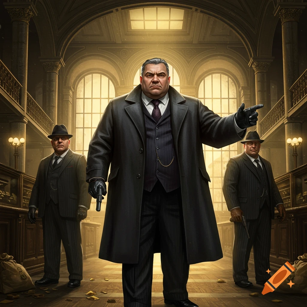 A photorealistic image of three mobsters, led by an imposing figure in an overcoat and gloves, robbing a grand bank with money bags.