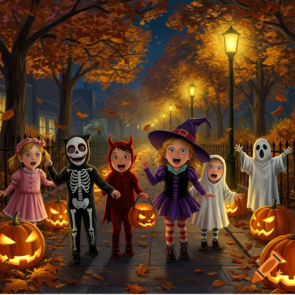 A vibrant illustration of children in Halloween costumes, including a skeleton, devil, witch, and ghost, on a street lined with glowing jack-o'-lanterns and autumn leaves at night.