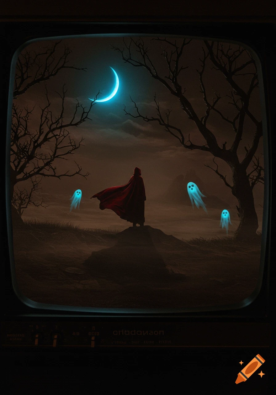 A hooded figure in a red cloak stands on a hill with glowing blue ghosts under a crescent moon, viewed on an old box TV.