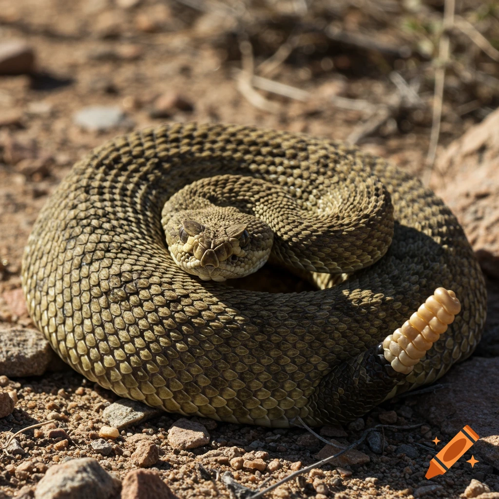 A coiled rattlesnake with its head slightly raised, resting on dry, rocky ground. Photorealistic.