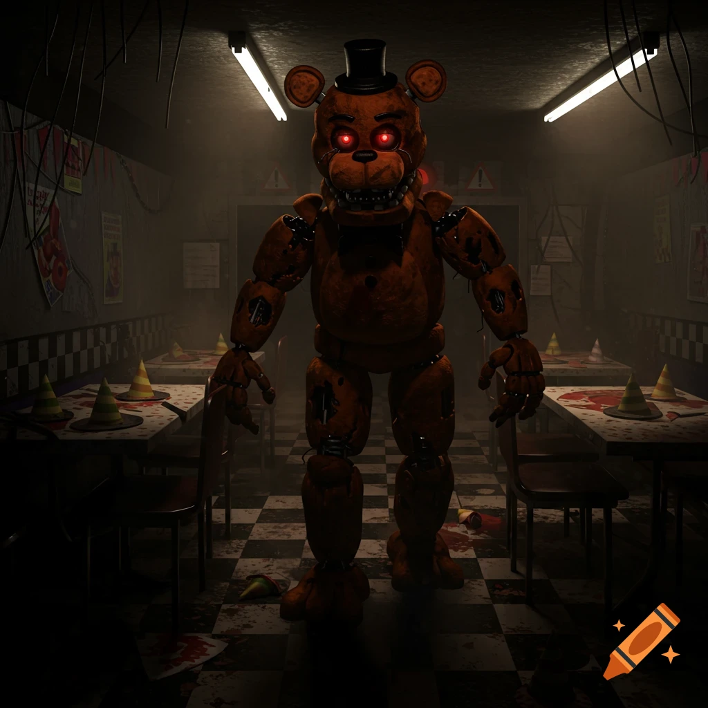A menacing, torn Freddy Fazbear animatronic with glowing red eyes stands in a dark, eerie, dilapidated diner with bloody checkered floors.