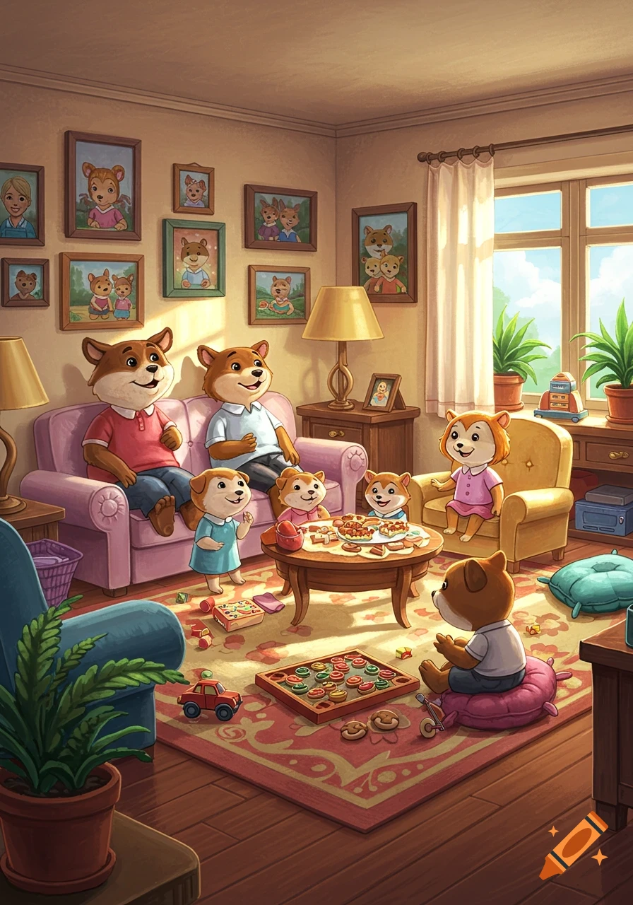 A cartoon family of anthropomorphic animals, including parents and four children, relax in a cozy living room, playing games and eating snacks.