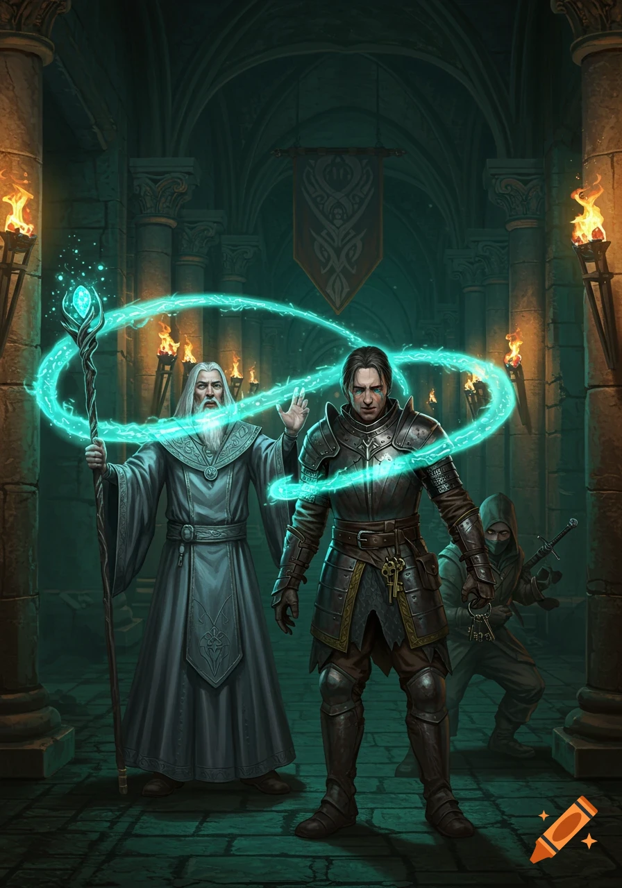 A wizard casts a spell on an armored guard while a rogue stealthily approaches in a dark, torch-lit dungeon.