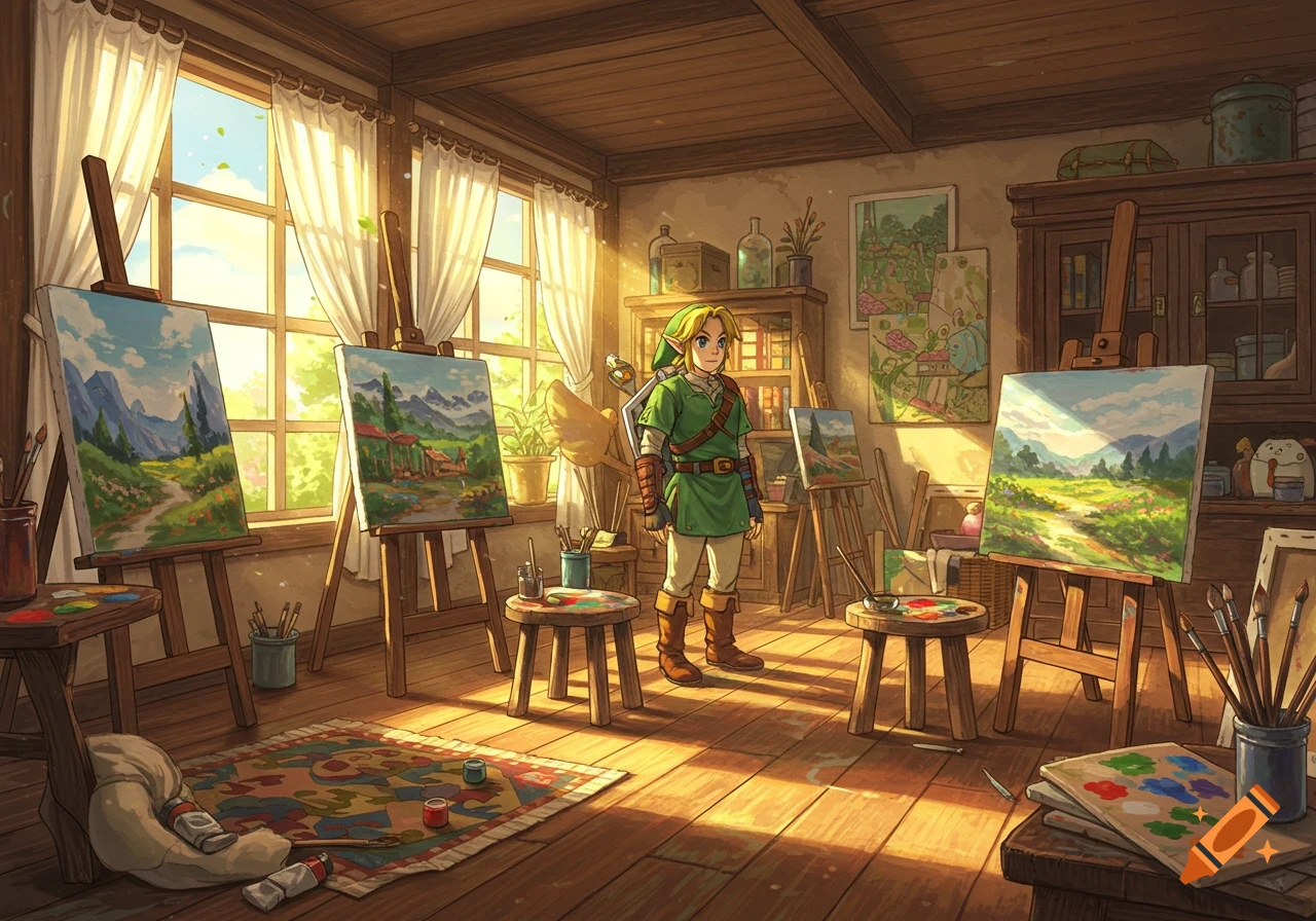 Link in a sunlit art studio with multiple landscape paintings on easels, in a Studio Ghibli style.