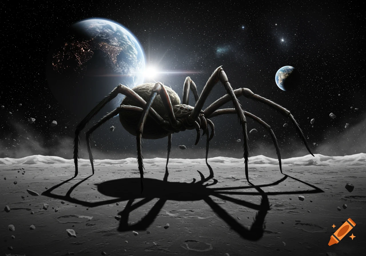A colossal spider stands on the moon's cratered surface, with Earth and a smaller planet visible against a starry space background.