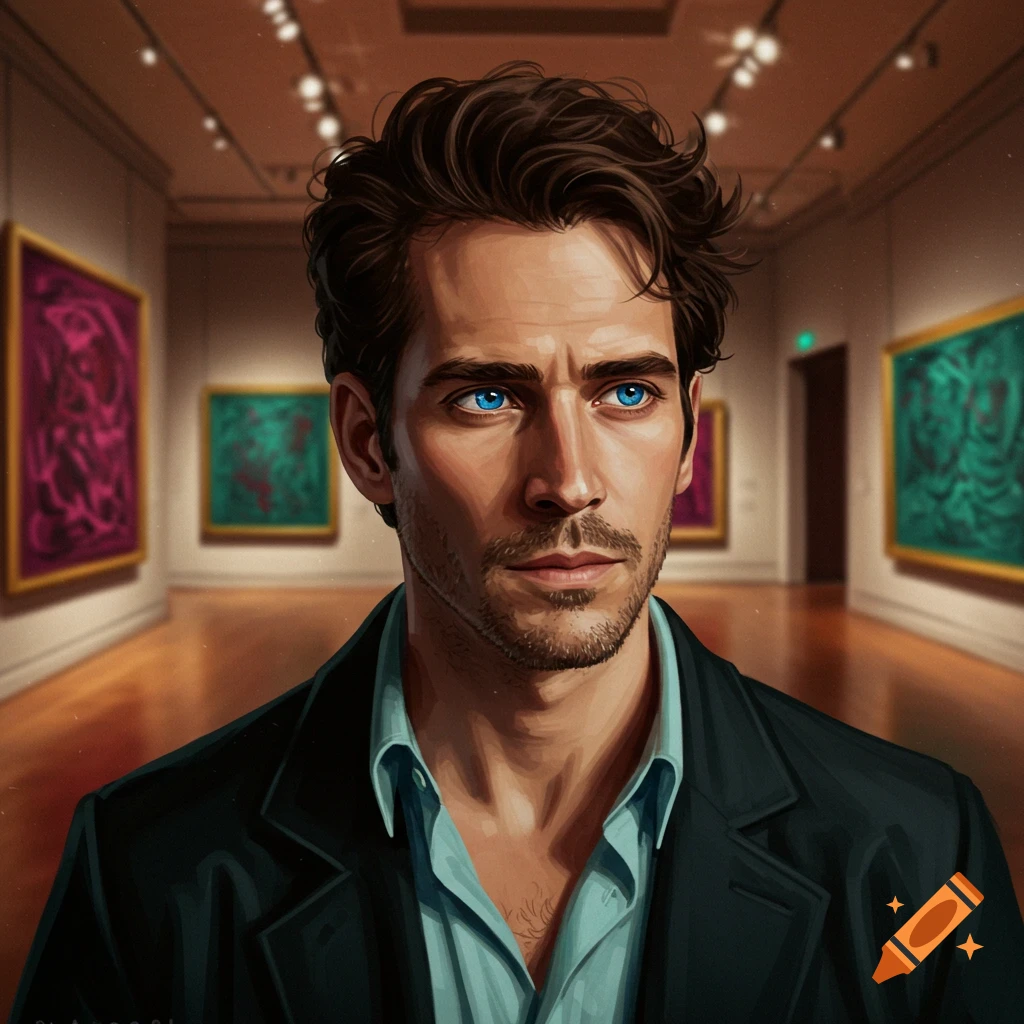 Digital painting of a man with dark hair and blue eyes, wearing a suit in an art gallery with abstract paintings.