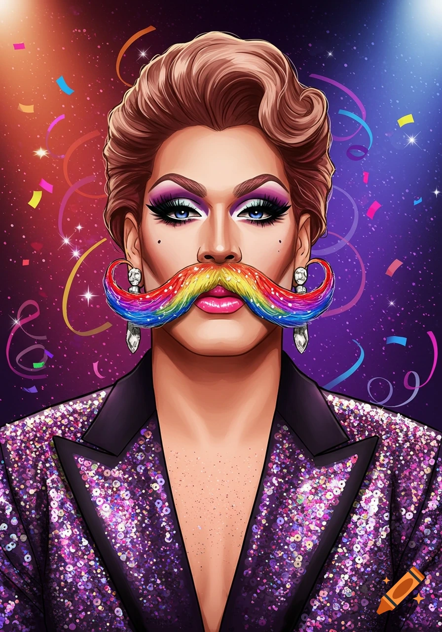 A vibrant illustration of a drag king with a rainbow mustache, bold makeup, and a sparkling purple sequined blazer, against a confetti-filled background.
