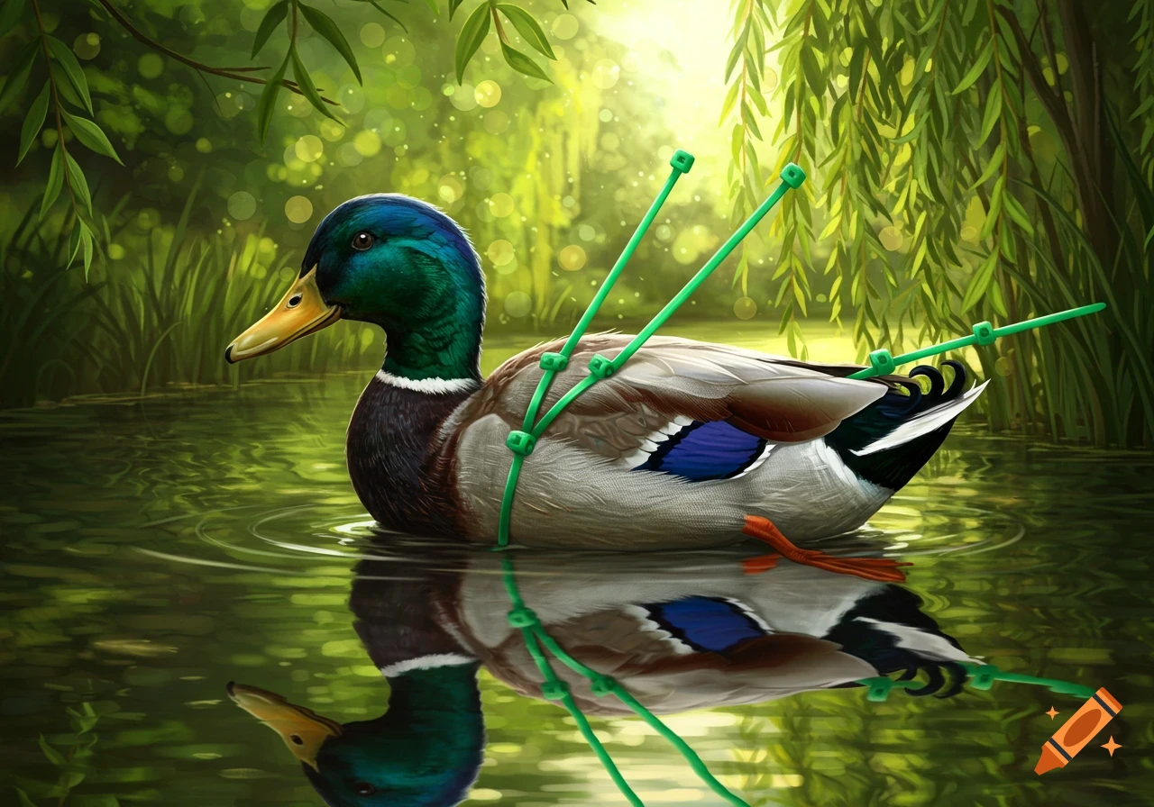 An illustration of a mallard duck floating on water, bound with bright green zip ties, in a lush green natural setting.
