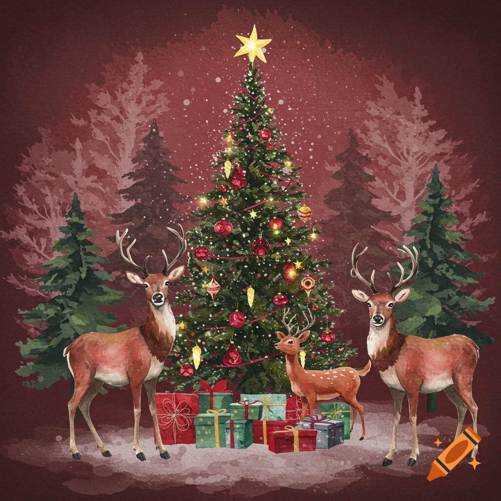 Watercolor painting of three reindeer, two adults and a fawn, standing around a decorated Christmas tree with wrapped gifts in a snowy forest.