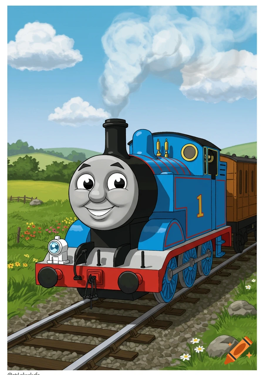 A cartoon Thomas the Tank Engine with a smiling face on railway tracks in a green field under a blue sky.