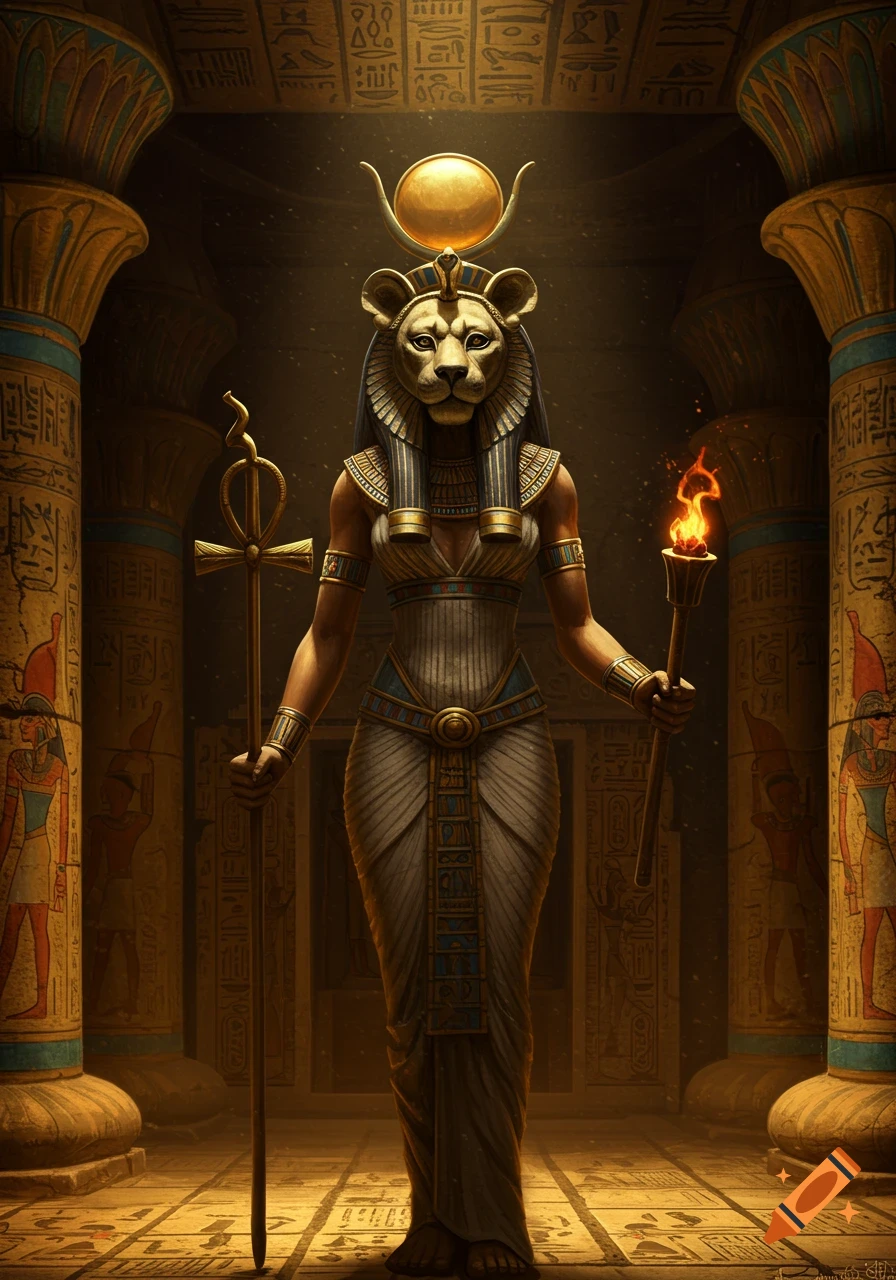 A powerful Egyptian goddess with a lioness head and solar disk headdress stands in a torchlit temple, holding an ankh.