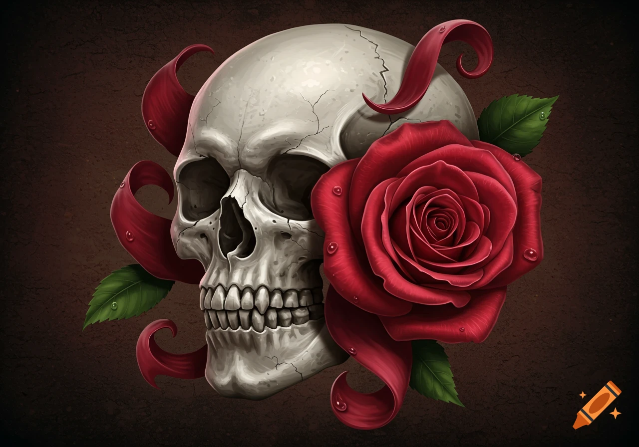A stylized human skull with a large red rose, green leaves, and red ribbons on a dark textured background, in an illustrative style.