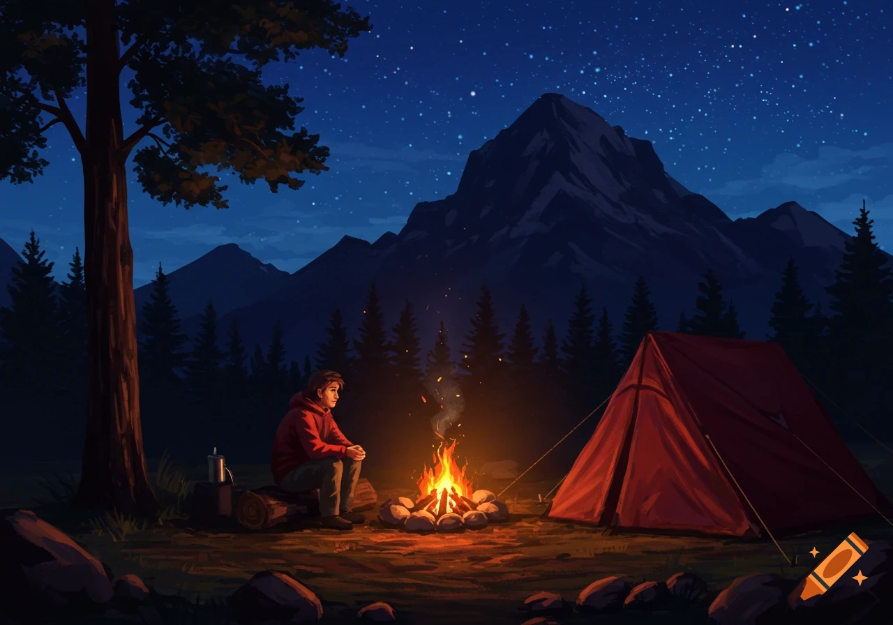 A stylized illustration of a person sitting by a campfire next to a tent at night, with a starry sky and mountains.