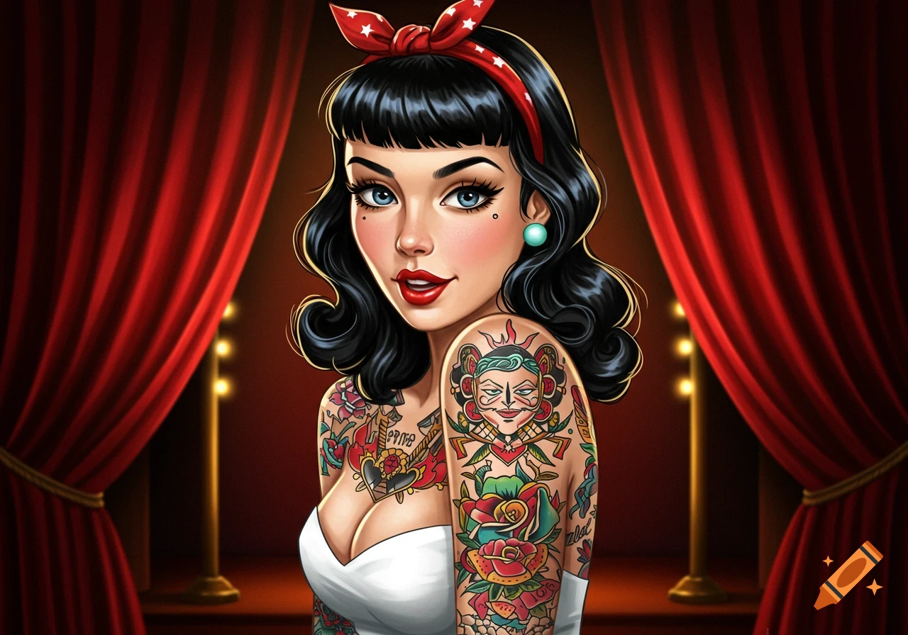 A stylized pin-up girl with black hair, a red bandana, and full tattoo sleeves stands in front of red stage curtains.