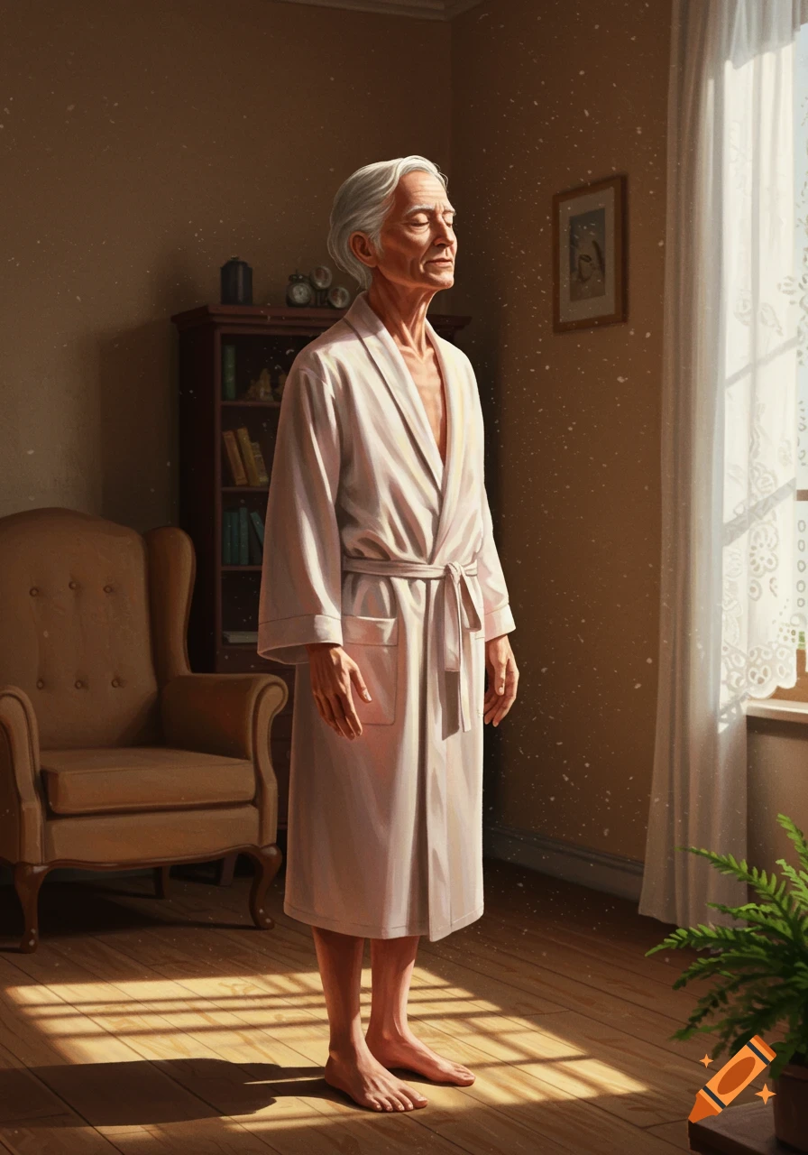 An elderly person in a white bathrobe stands barefoot in a sunlit room, eyes closed, basking in a shaft of light, with a chair and bookshelf nearby. Realistic art style.