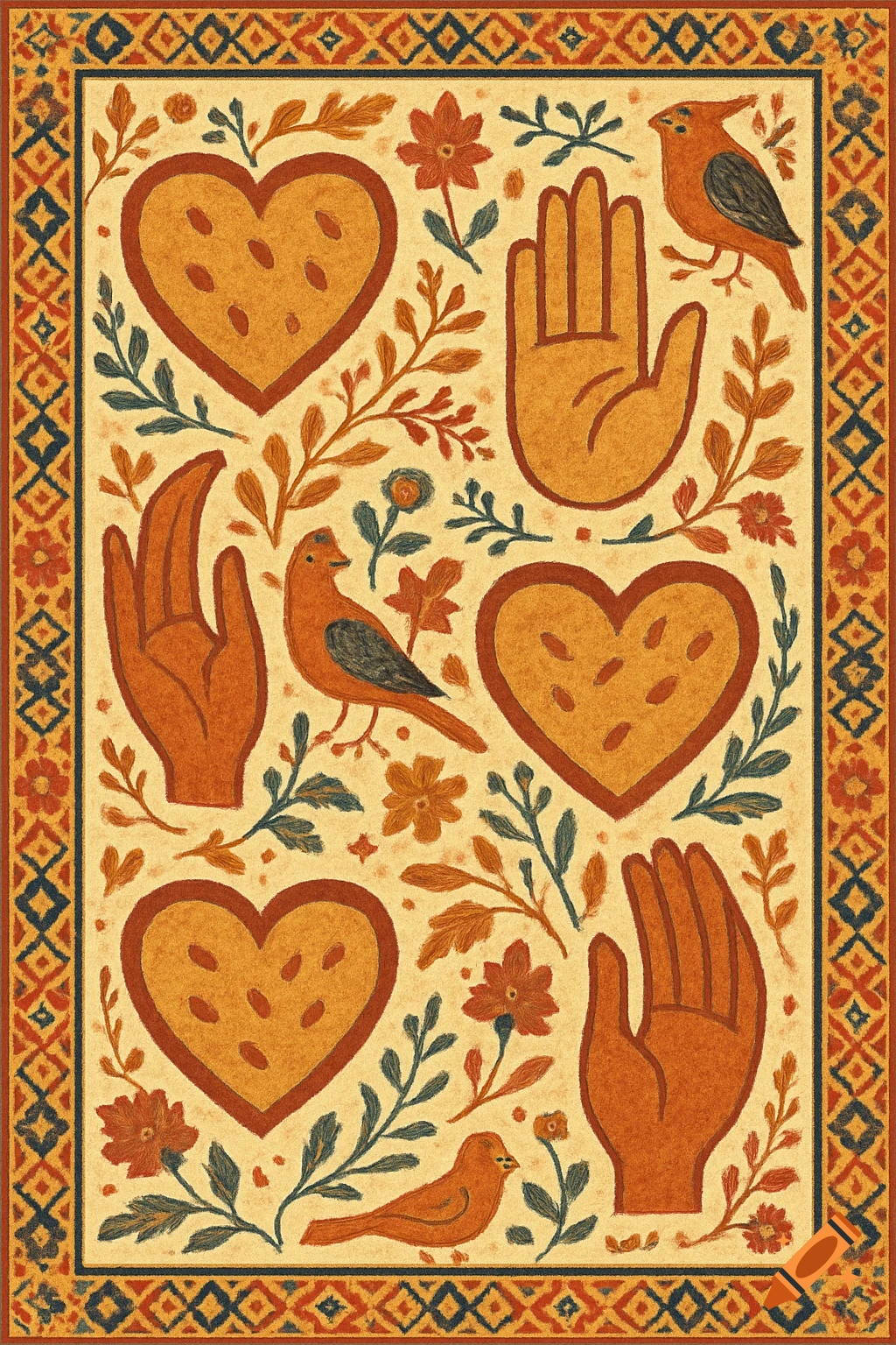 Stylized textile pattern with hearts, hands, birds, and floral elements in warm, earthy tones and a geometric border.