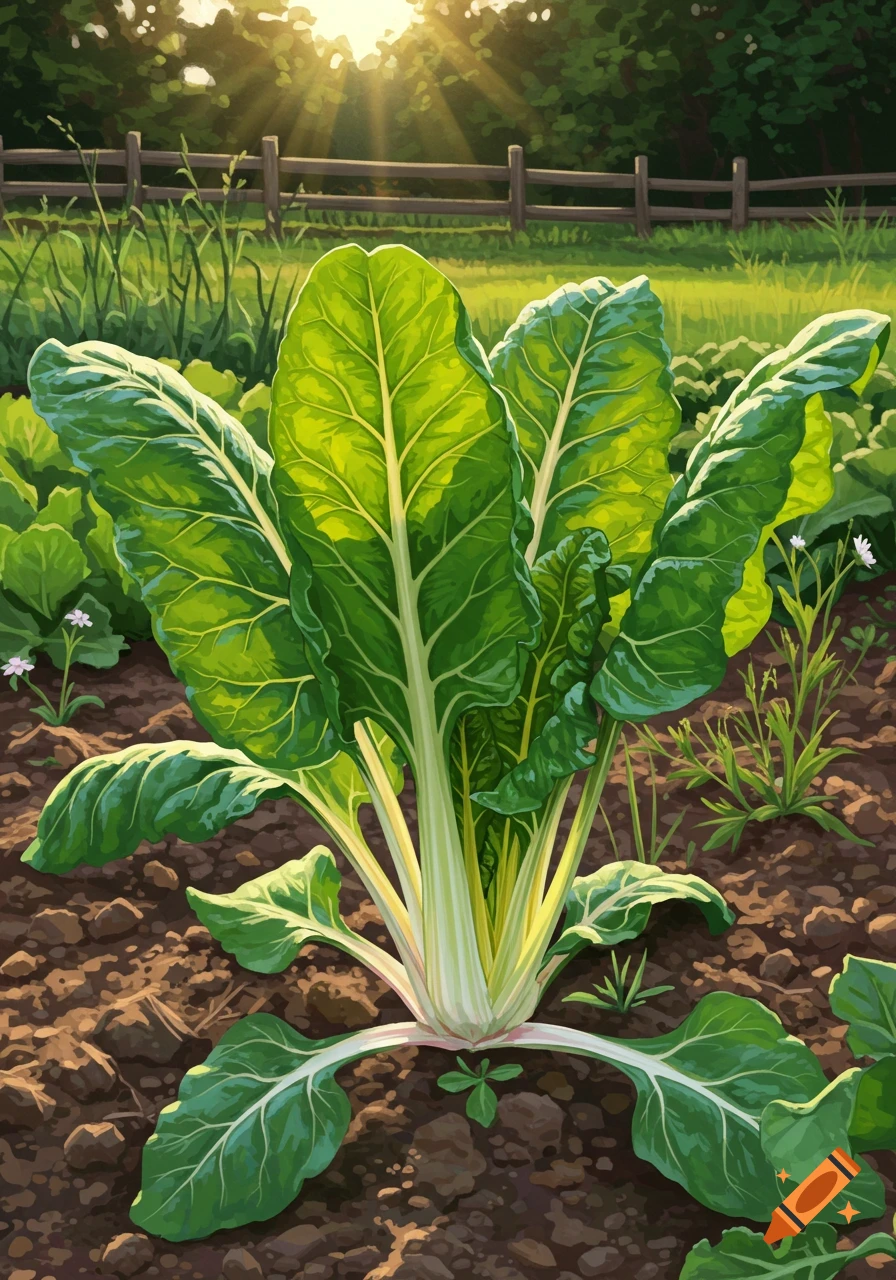 A vibrant green chard plant growing in a garden under golden sunlight, with a wooden fence and trees in the background, in an illustrative style.