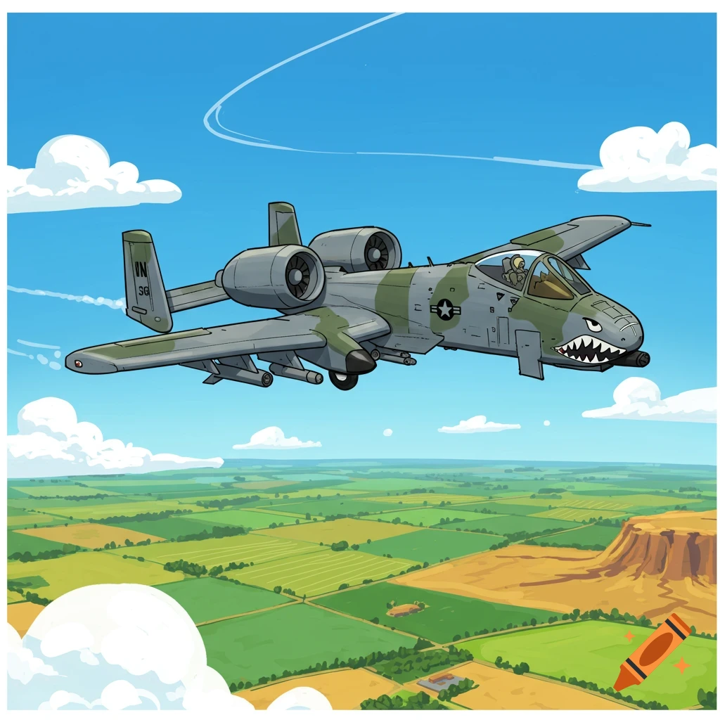 A cartoon A-10 Warthog military aircraft with a shark mouth design flies over green and brown farmlands under a blue sky.