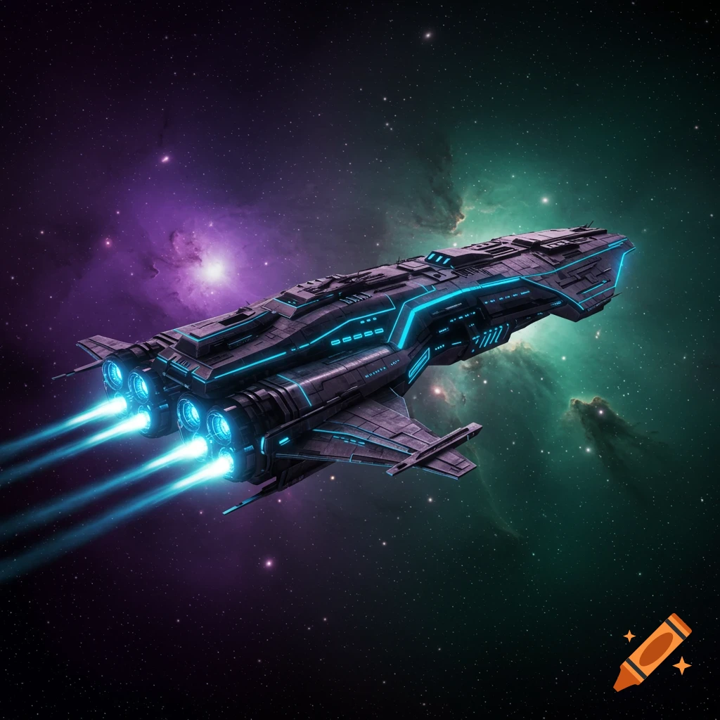 A futuristic spaceship with glowing blue accents and engines flies through a vibrant space nebula with purple and green clouds.