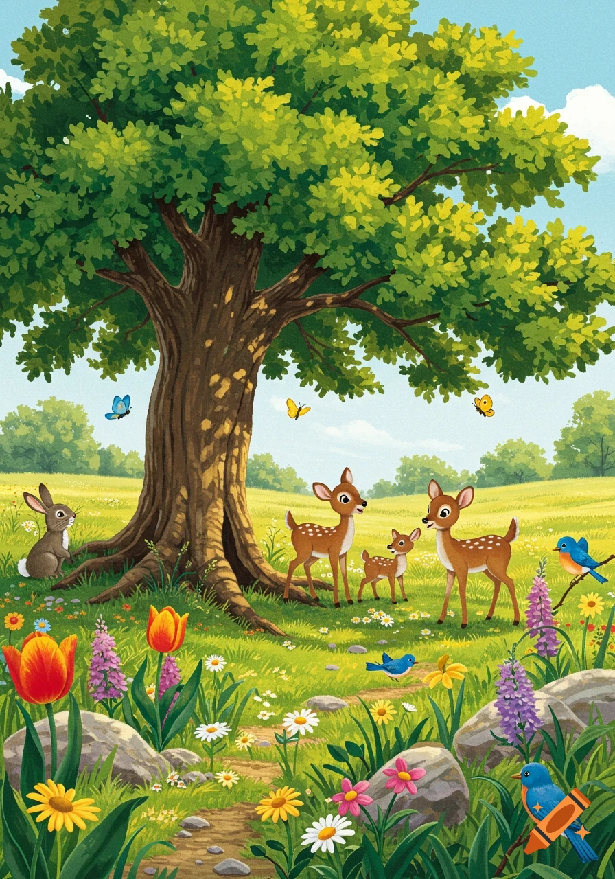 Cartoon illustration of a vibrant forest clearing with a large tree, a deer family, a rabbit, and birds among colorful flowers.