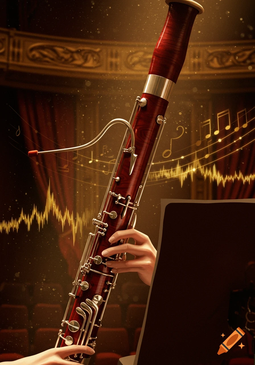 A close-up of a bassoon being played by hands, with musical notes and a soundwave graphic on a dimly lit stage background.