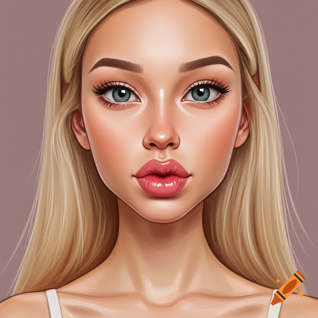 A stylized portrait of a young woman with long blonde hair, blue eyes, and full pink lips, wearing a white top.