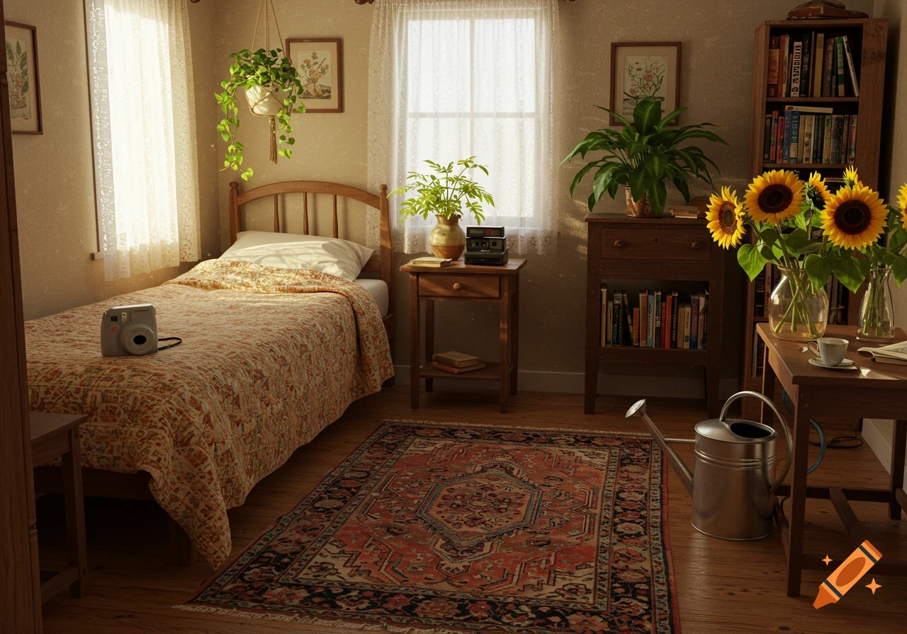 A cozy, vintage-style cottagecore bedroom with a single bed, plants, a bookshelf, a watering can, and sunflowers.