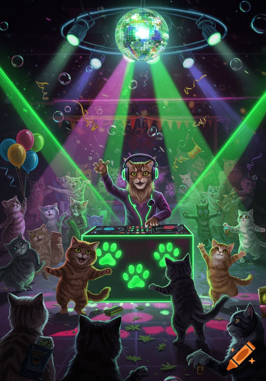 A vibrant illustration of anthropomorphic cats dancing at a disco party, with a DJ cat, disco ball, and laser lights.