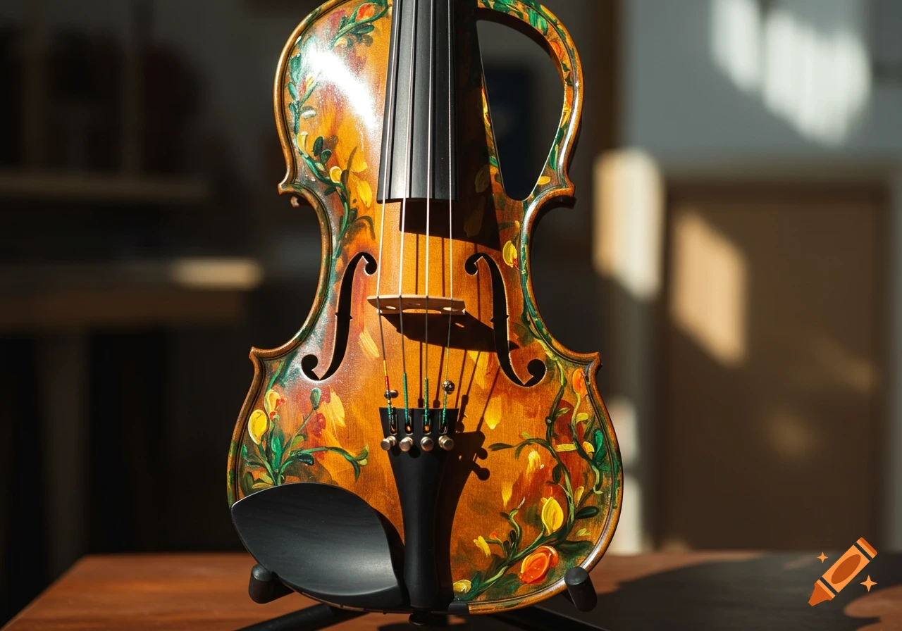 Close-up of a wooden violin, richly painted with vibrant yellow, orange, and green floral and leafy patterns, standing in warm sunlight.