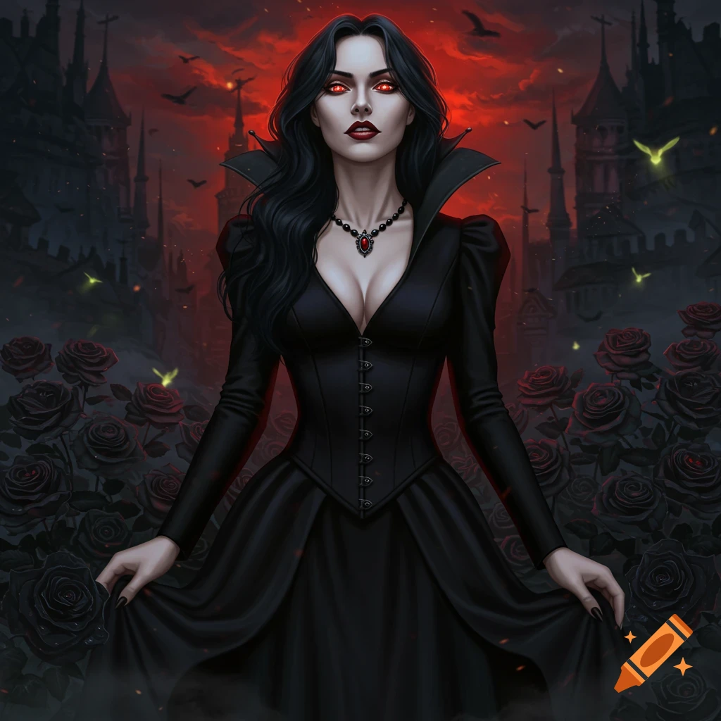 A beautiful vampire woman with red eyes and black hair, wearing a black gown, stands among black roses with a gothic castle and red sky background. Dark fantasy art.