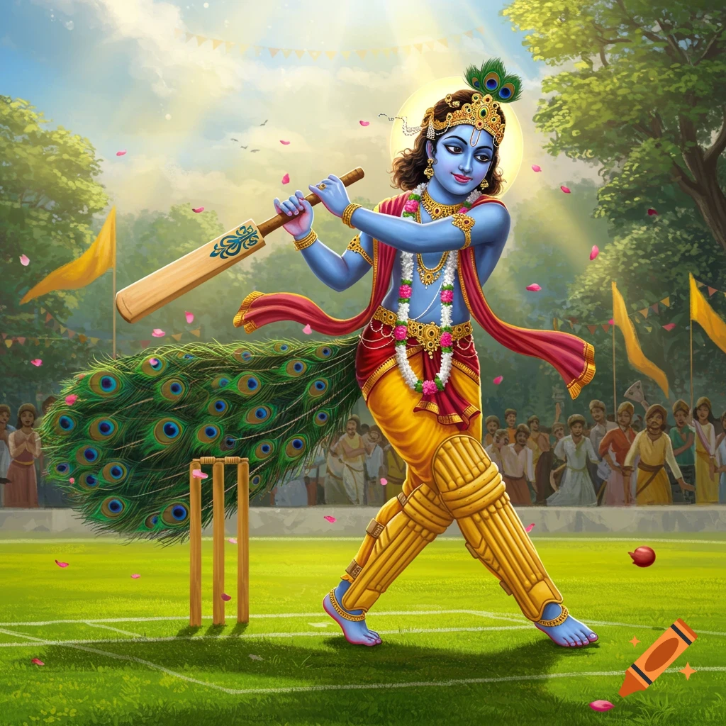 Vibrant illustration of Lord Krishna, adorned with peacock feathers, batting on a cricket pitch surrounded by a crowd.