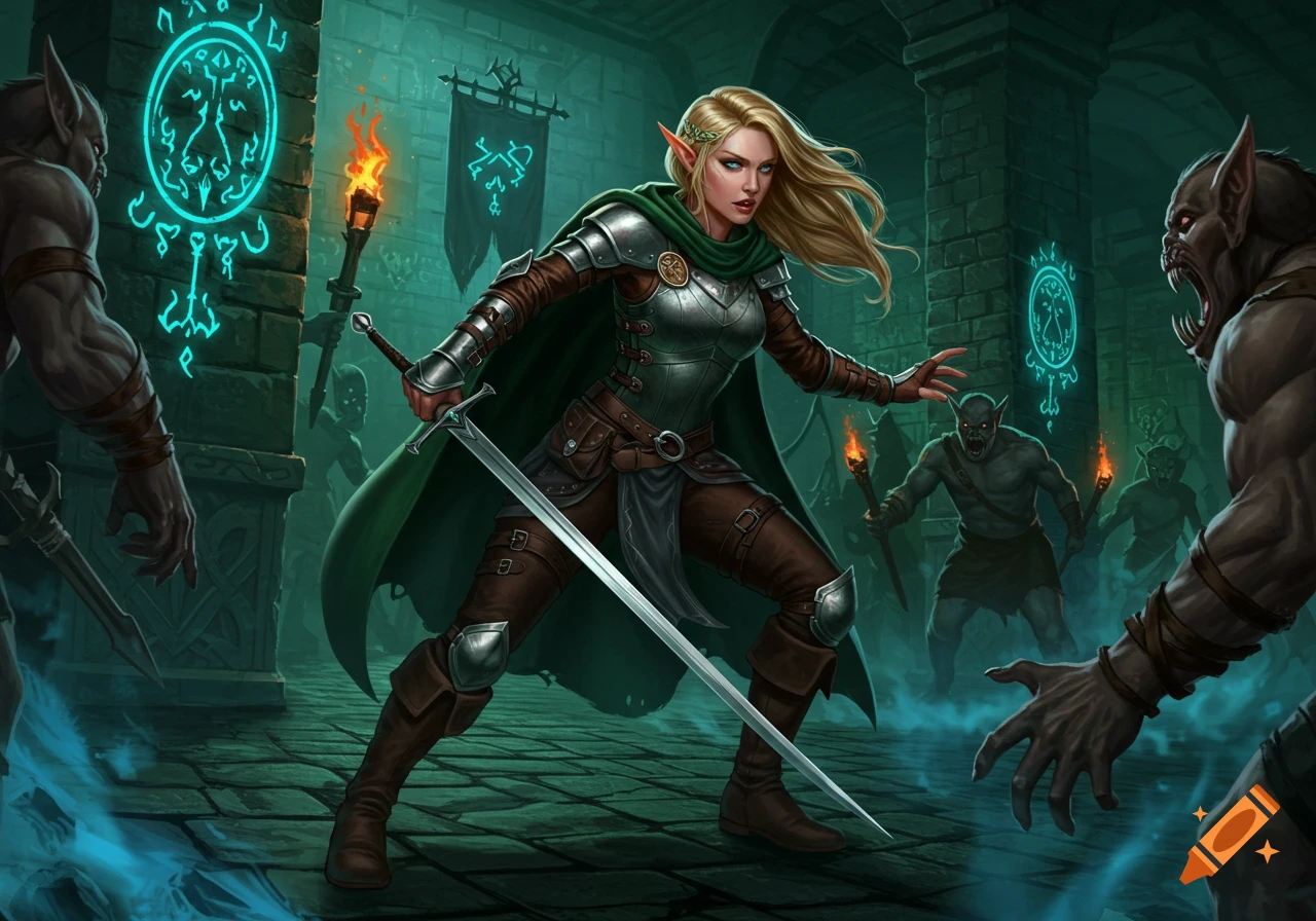 A blonde elf ranger in green and silver armor with a sword fights dark, menacing monsters in a magical, torchlit dungeon.