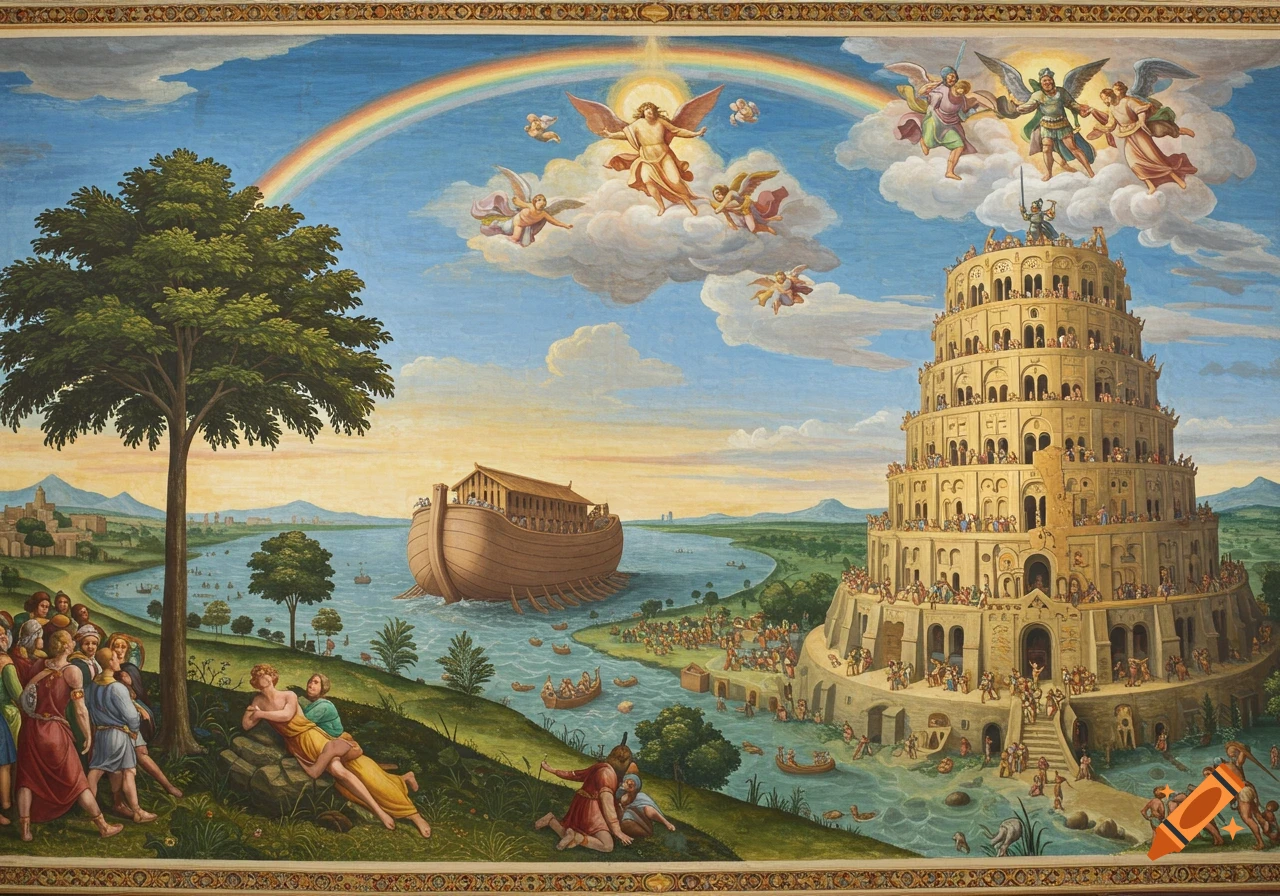 Fresco painting illustrating biblical stories: Noah's Ark, the Tower of Babel, a rainbow, and angels over a populated landscape.