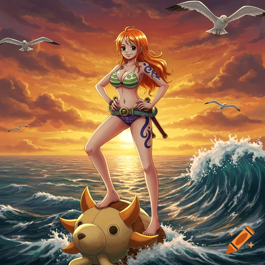 Anime art of Nami from One Piece in a bikini, standing on a small sea creature in the ocean at sunset with seagulls.