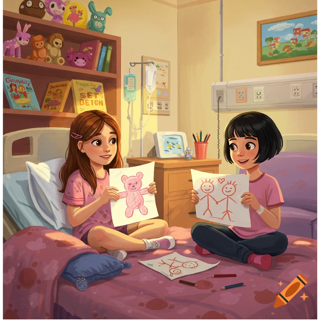 Two cartoon girls in a hospital room. One holds a pink teddy bear drawing, the other holds a stick figure drawing.