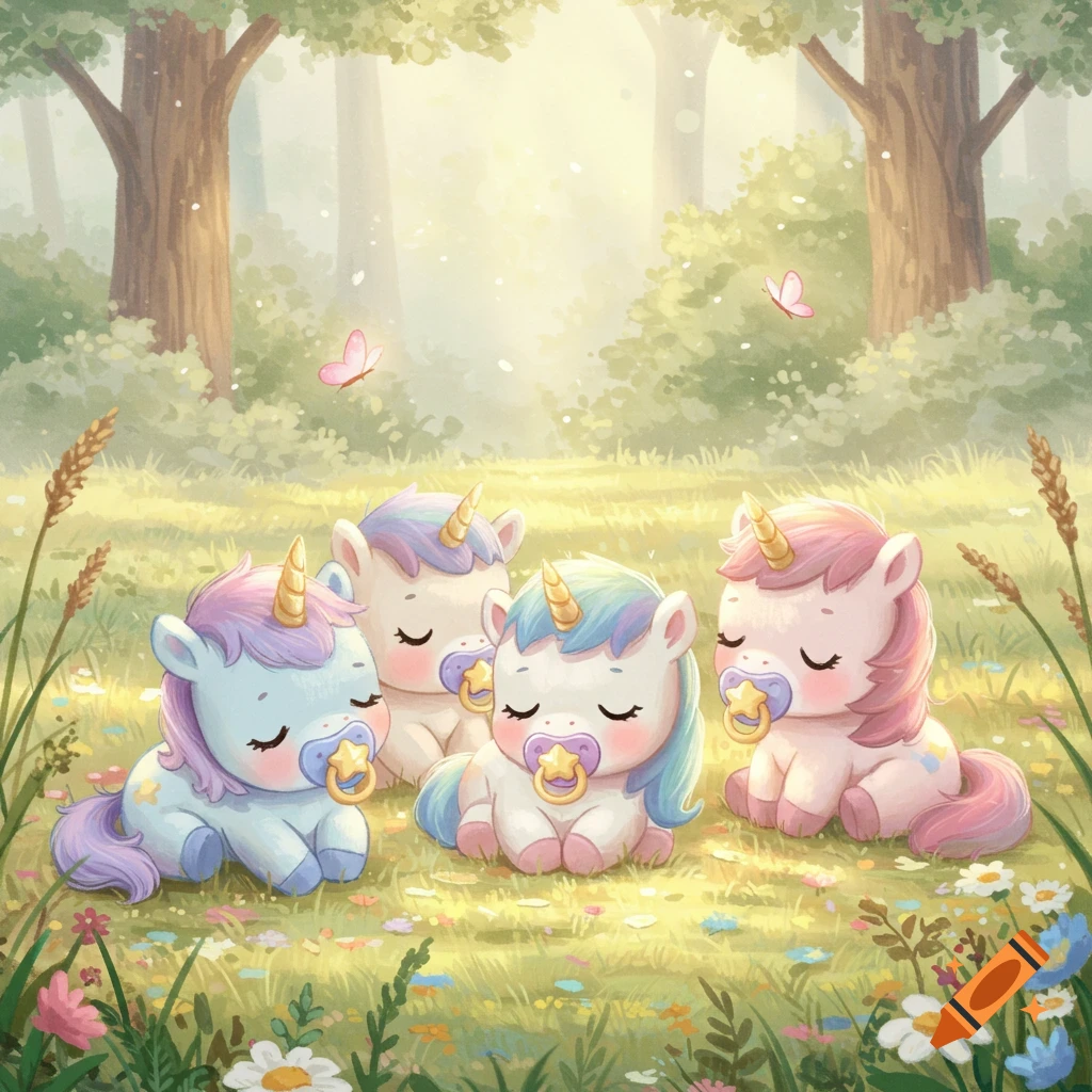 Four cute baby unicorns with pacifiers sit on a grassy, flowery forest floor in a soft watercolor illustration.
