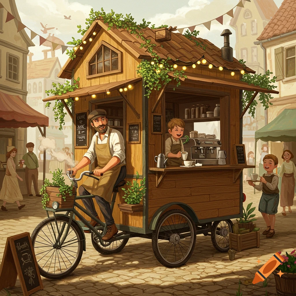 An illustration of a father riding a bicycle coffee cart while his son serves drinks in a charming old-world town square.