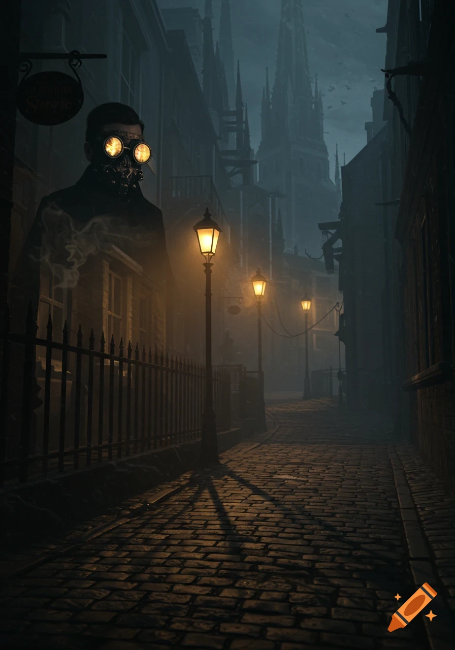 A man wearing steampunk goggles and a mask stands on a gaslit cobblestone street in a dark, foggy Victorian city.