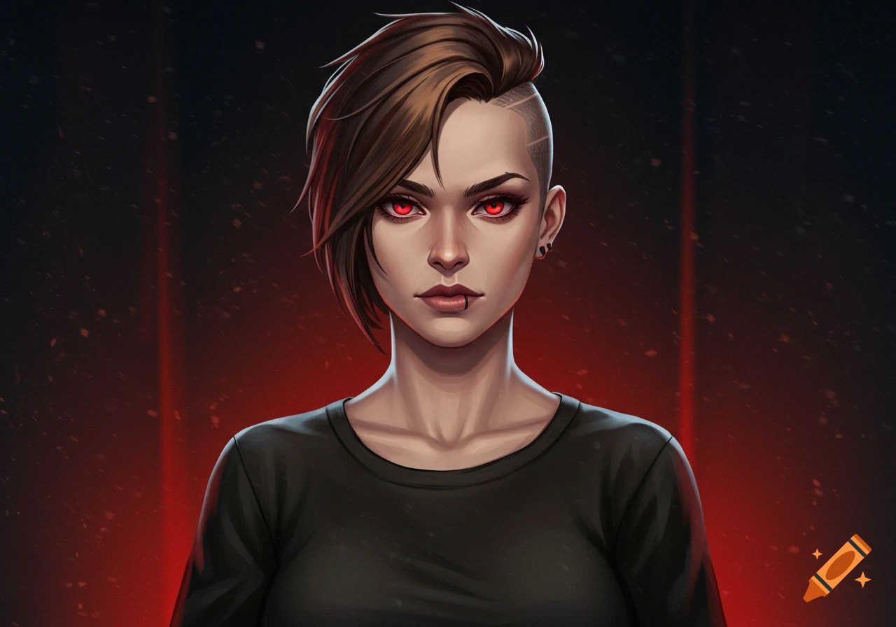A stylized portrait of a woman with red eyes, an undercut hairstyle, and a lip piercing, against a dark red background.