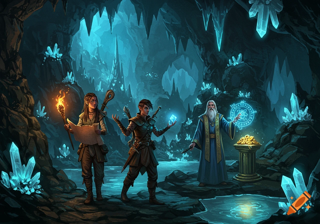 Three fantasy adventurers, two women and a wizard, explore a glowing crystal cave with a treasure chest and magical effects.