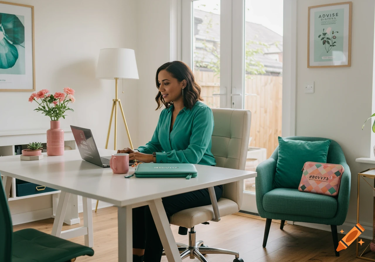 A friendly woman entrepreneur works on a laptop in a bright, modern home office with a teal armchair and pink flowers.