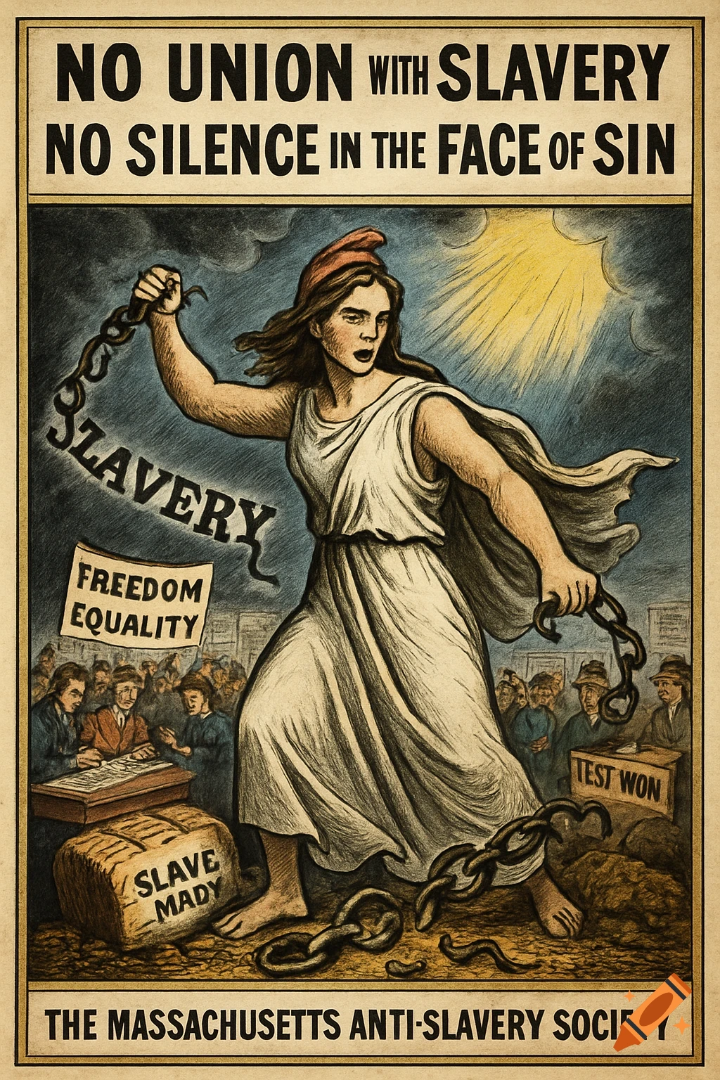 A vintage-style anti-slavery political cartoon depicts a woman in a white toga breaking chains labeled "SLAVERY". Below her, crowds gather, with banners reading "FREEDOM EQUALITY" and a block stating "SLAVE MADY". The top reads "NO UNION WITH SLAVERY NO SILENCE IN THE FACE OF SIN" and the bottom "THE MASSACHUSETTS ANTI-SLAVERY SOCIETY".
