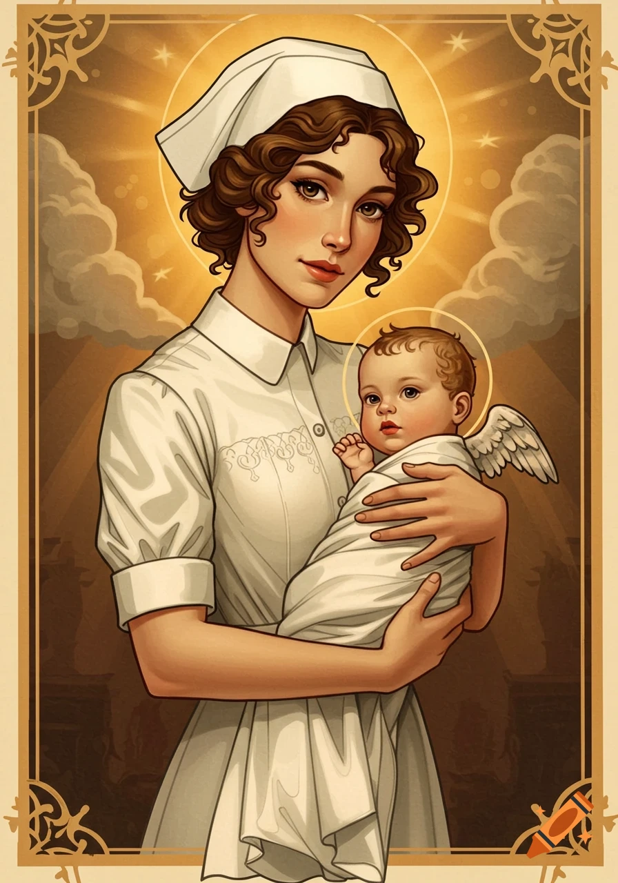 An illustration in a religious art style depicts a nurse in vintage regalia holding a winged infant with a halo against a golden, cloudy background.