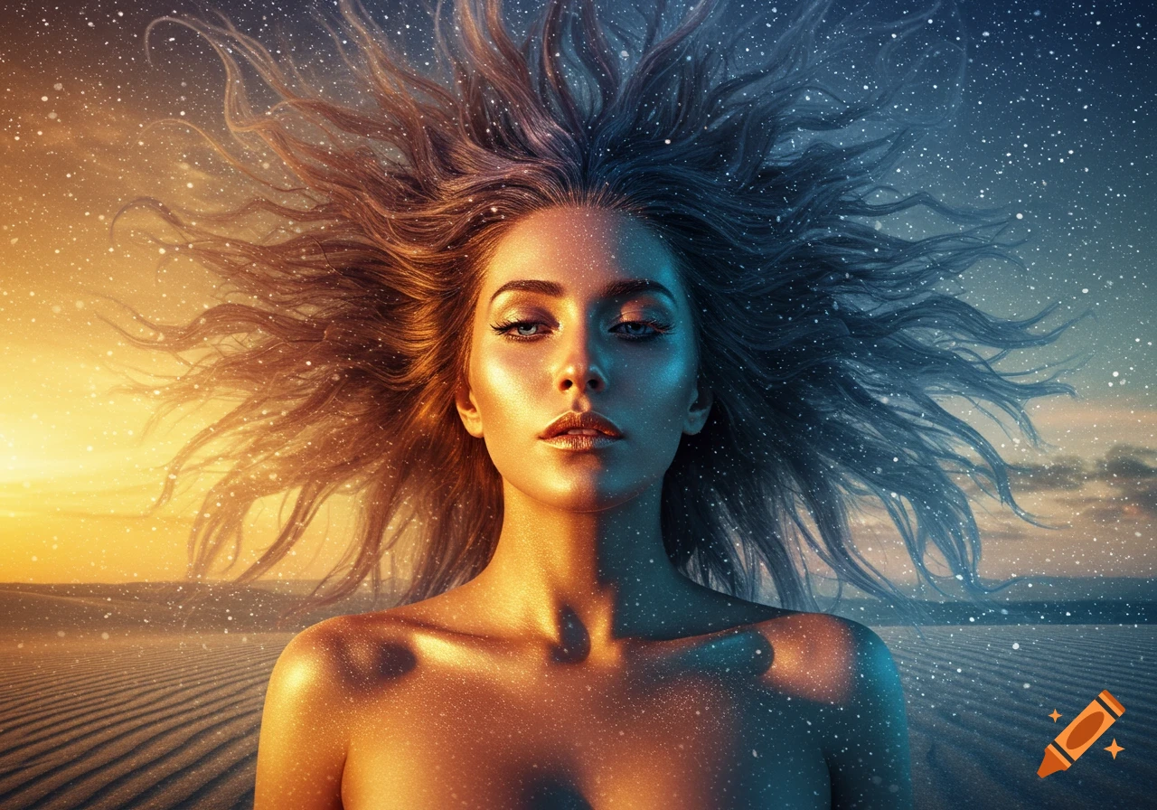 Ethereal portrait of a woman with flowing hair, half-golden and half-blue, against a starry, split-tone desert sky.