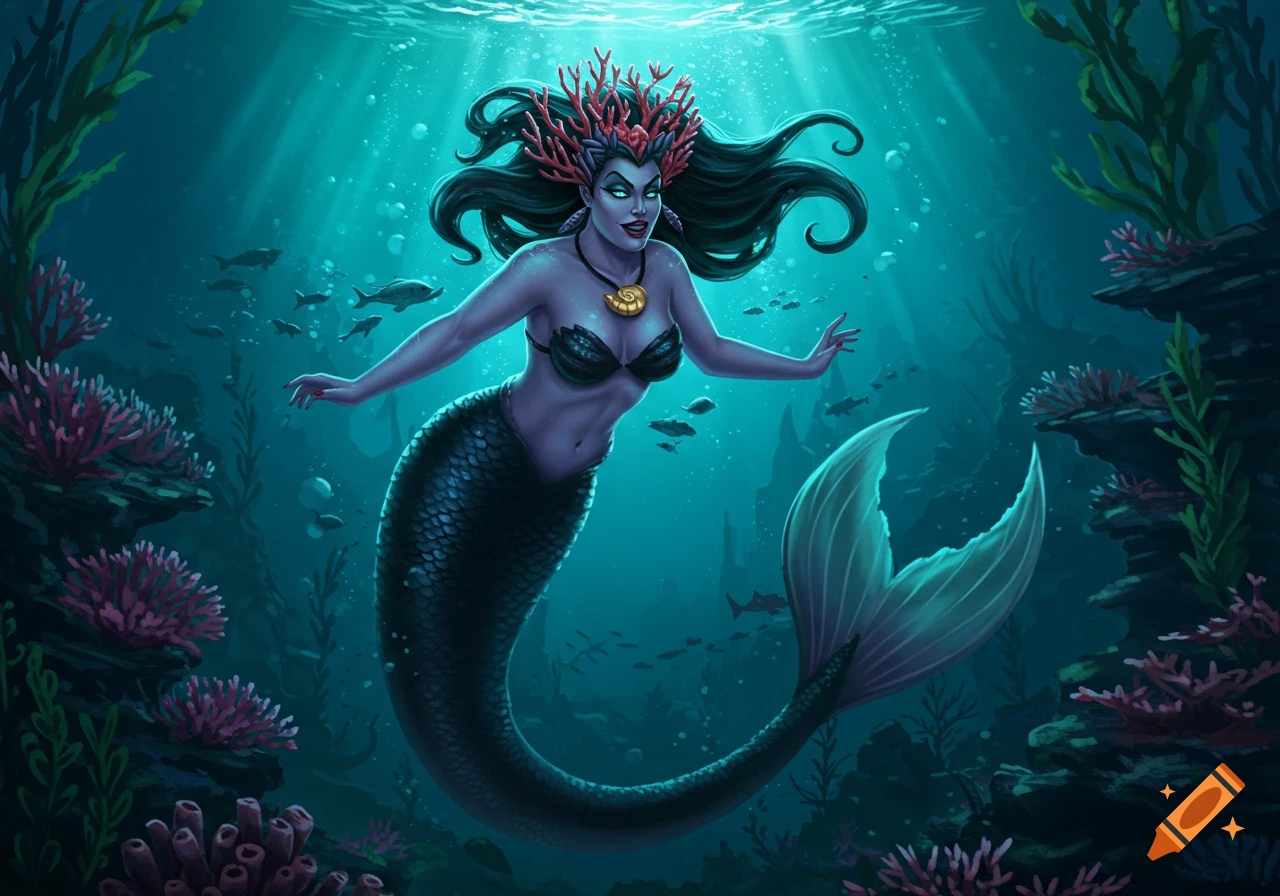 An illustration of a dark-skinned, purple-hued mermaid with a coral crown and black hair, resembling Ursula, swimming in a vibrant blue underwater scene with coral and fish.