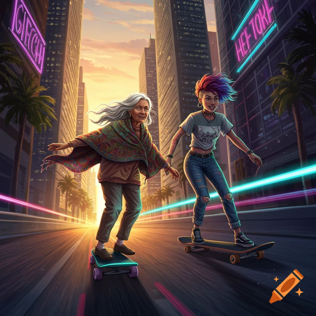 An older woman and a young woman skateboard down a neon-lit city street at sunset, in a vibrant, futuristic art style.