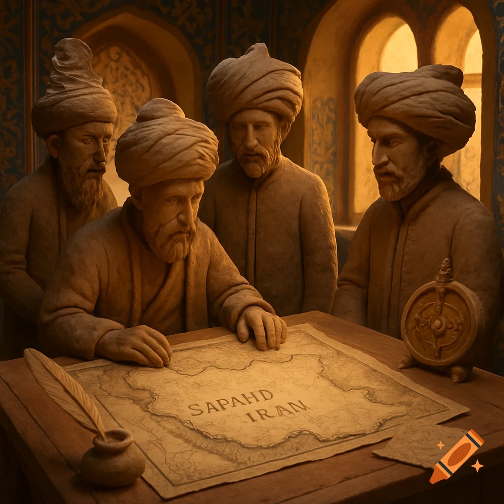 Four clay-style figures in turbans examine a map labeled "SAPAH D IRAN" on a wooden table, with a quill and inkpot nearby, in a historical Safavid setting with sunrise lighting.