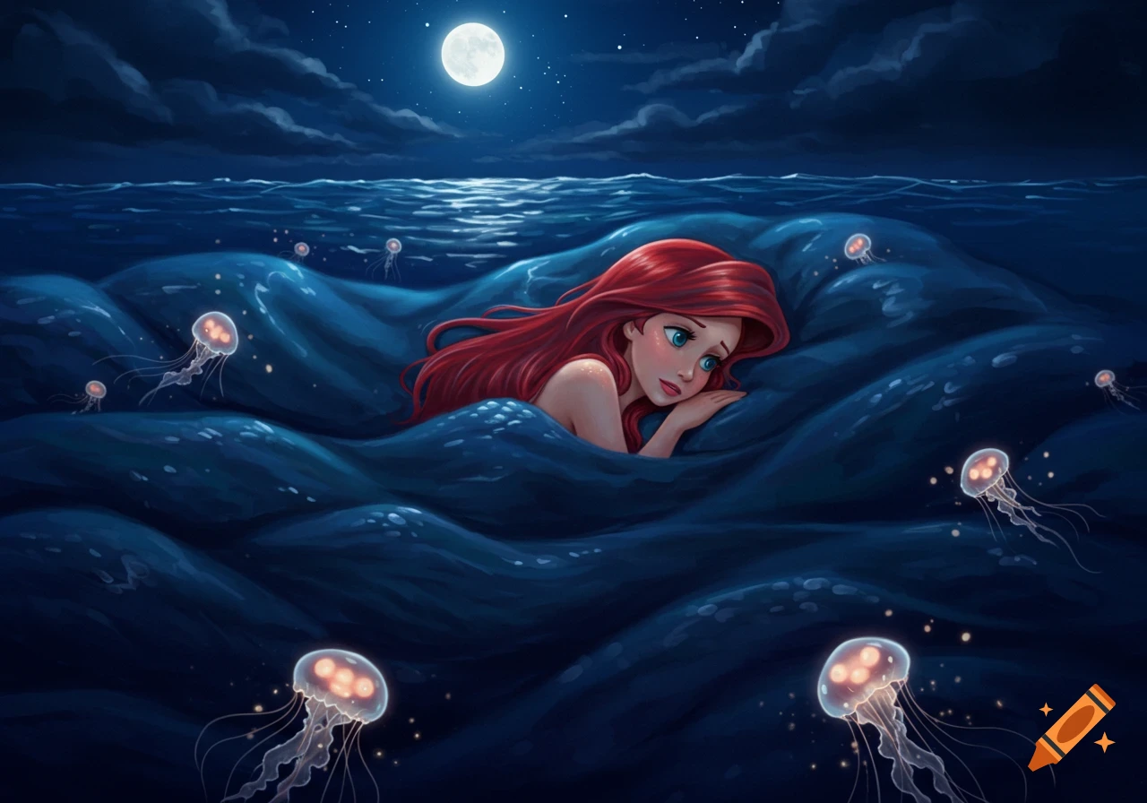 Illustration of Ariel the mermaid nestled in dark blue ocean waves at night under a full moon, with glowing jellyfish.