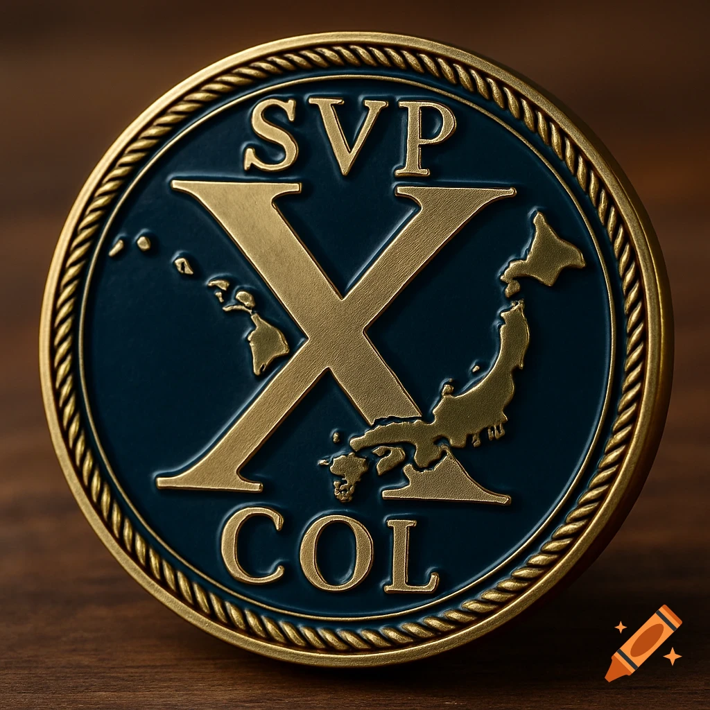 A military challenge coin with a large gold X, flanked by outlined shapes of Hawaii and Japan, and the letters SVP and COL.