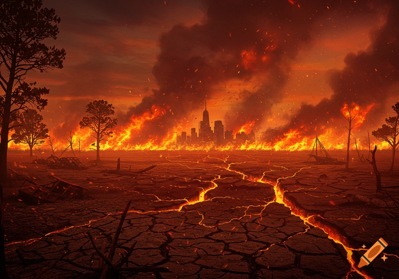 A desolate apocalyptic landscape with glowing cracked earth, barren trees, and a city engulfed in massive wildfires under a fiery sky.